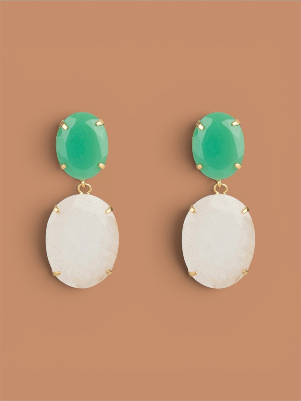 Green Agate & Moonstone Oval Drop Earrings - Women Jewelry
